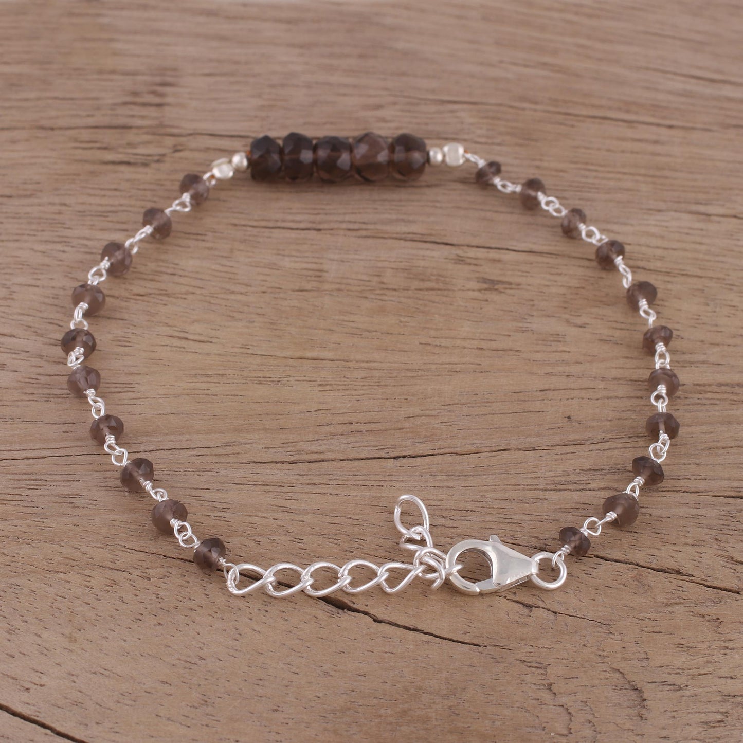 Luminous Brown Handcrafted Smoky Quartz and Sterling Silver Link Bracelet