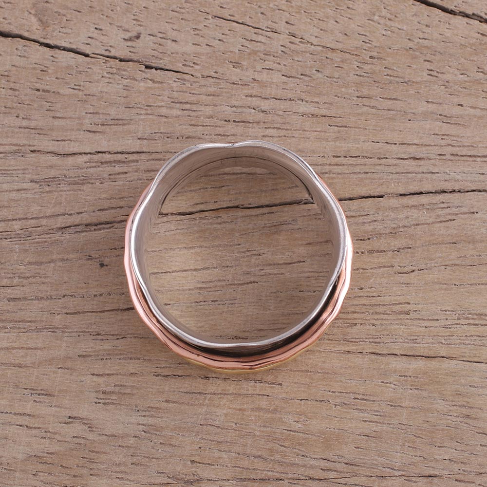 Wavy Cyclone Sterling Silver Copper and Brass Spinner and Meditation Ring