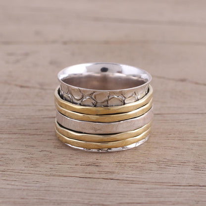 Five Rotations Handmade Sterling Silver and Brass Spinner Ring from India