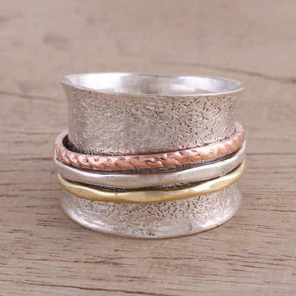 Stylish Textures Sterling Silver India Meditation Ring with Copper and Brass