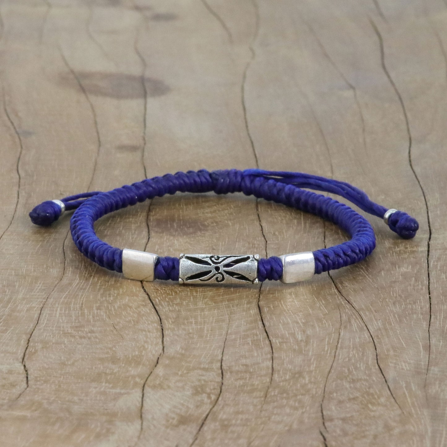 Karen Triangle in Blue Hill Tribe Blue Cord Bracelet with Silver Beads