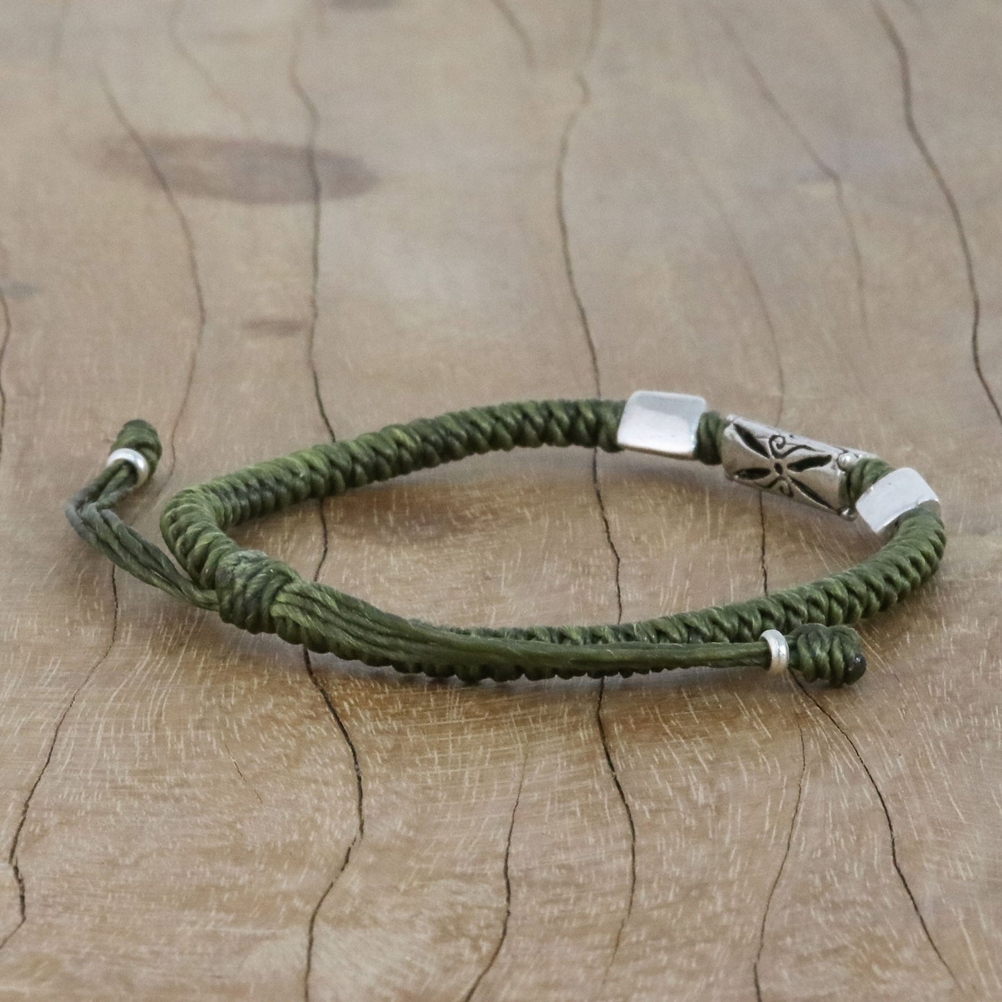 Karen Triangle in Olive Hand Braided Olive Cord Bracelet with Silver Pendants