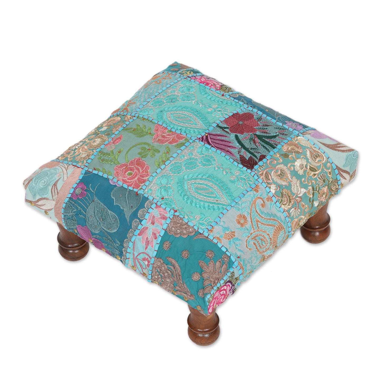 Rajasthani Patchwork Fair Trade Embellished Ottoman Foot Stool from India