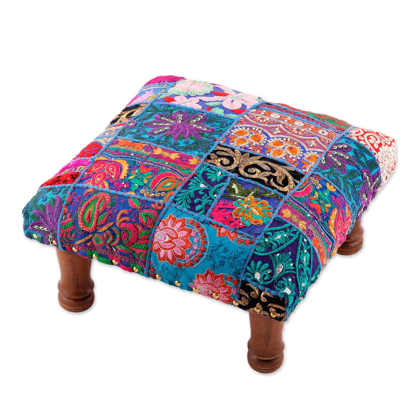 Lapis Patchwork Fair Trade Embellished Ottoman Foot Stool from India