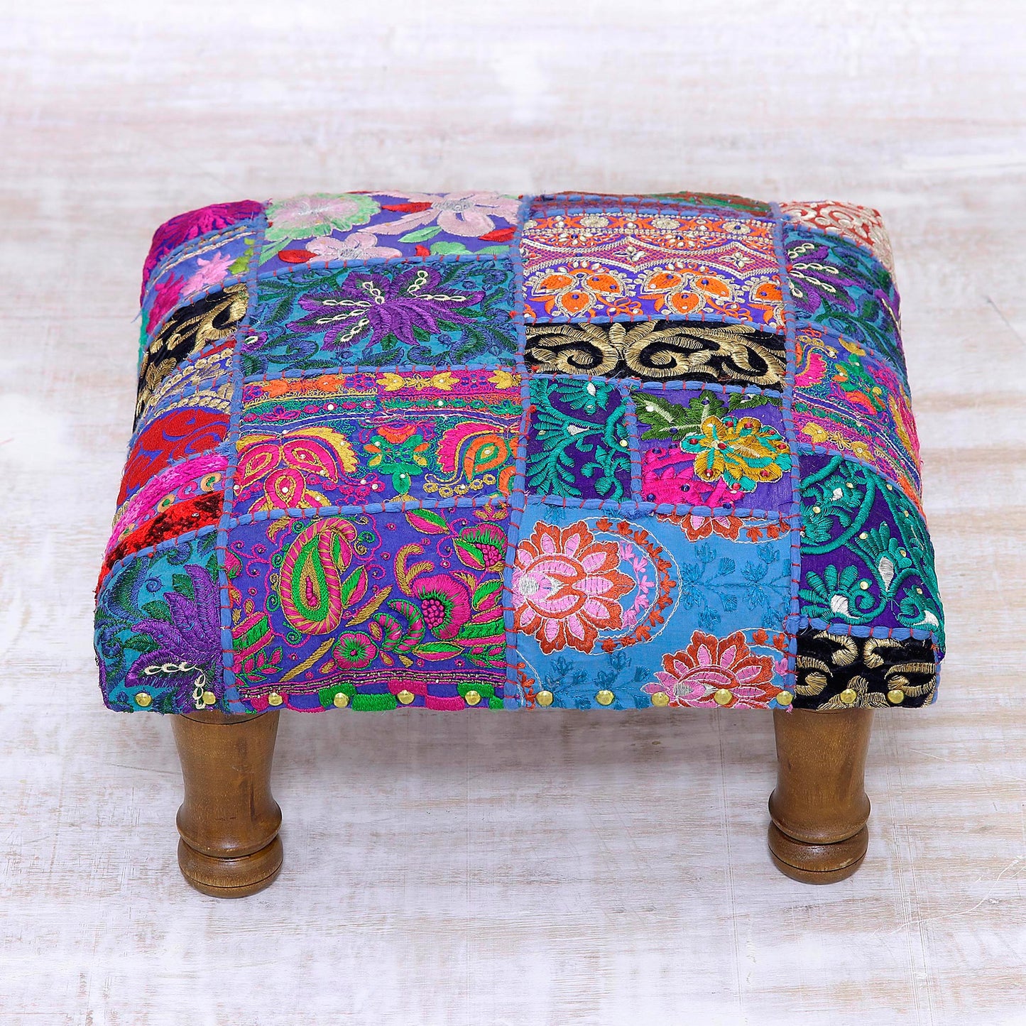 Lapis Patchwork Fair Trade Embellished Ottoman Foot Stool from India