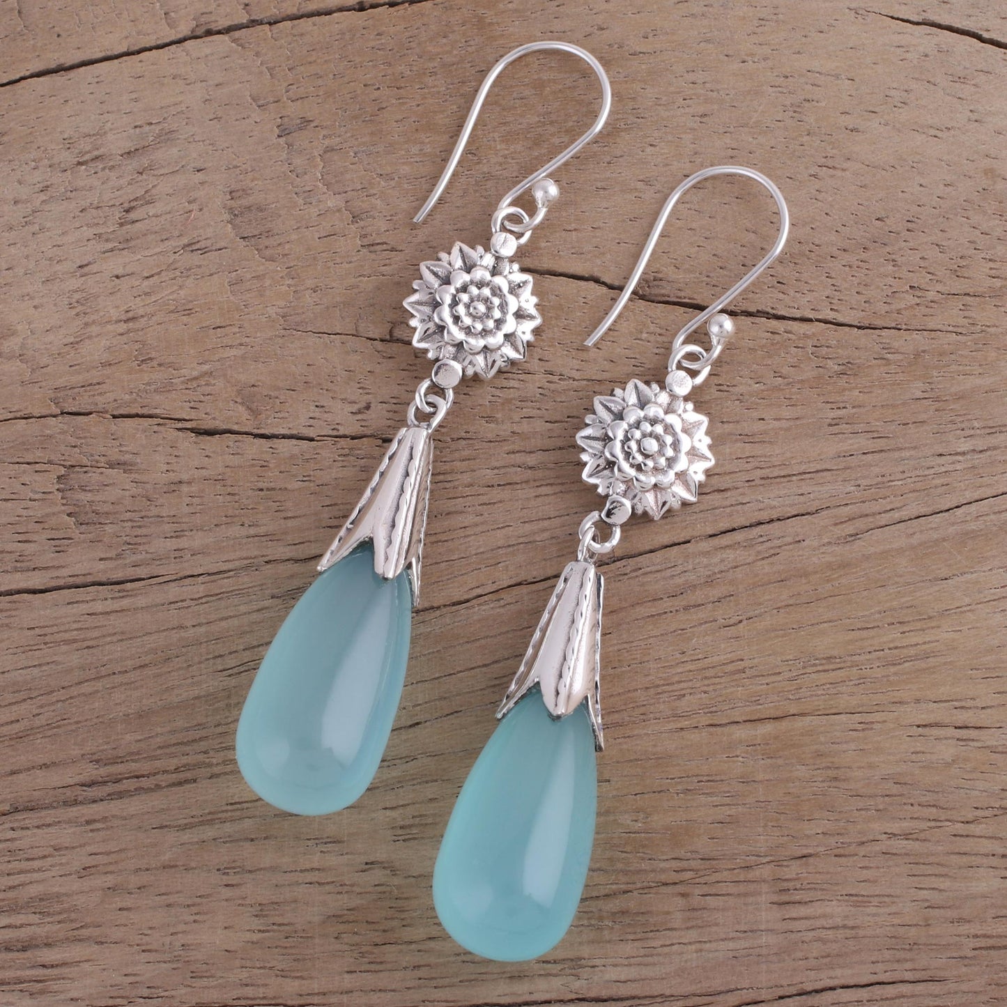 Floral Fruit Chalcedony and Silver Floral Dangle Earrings from India