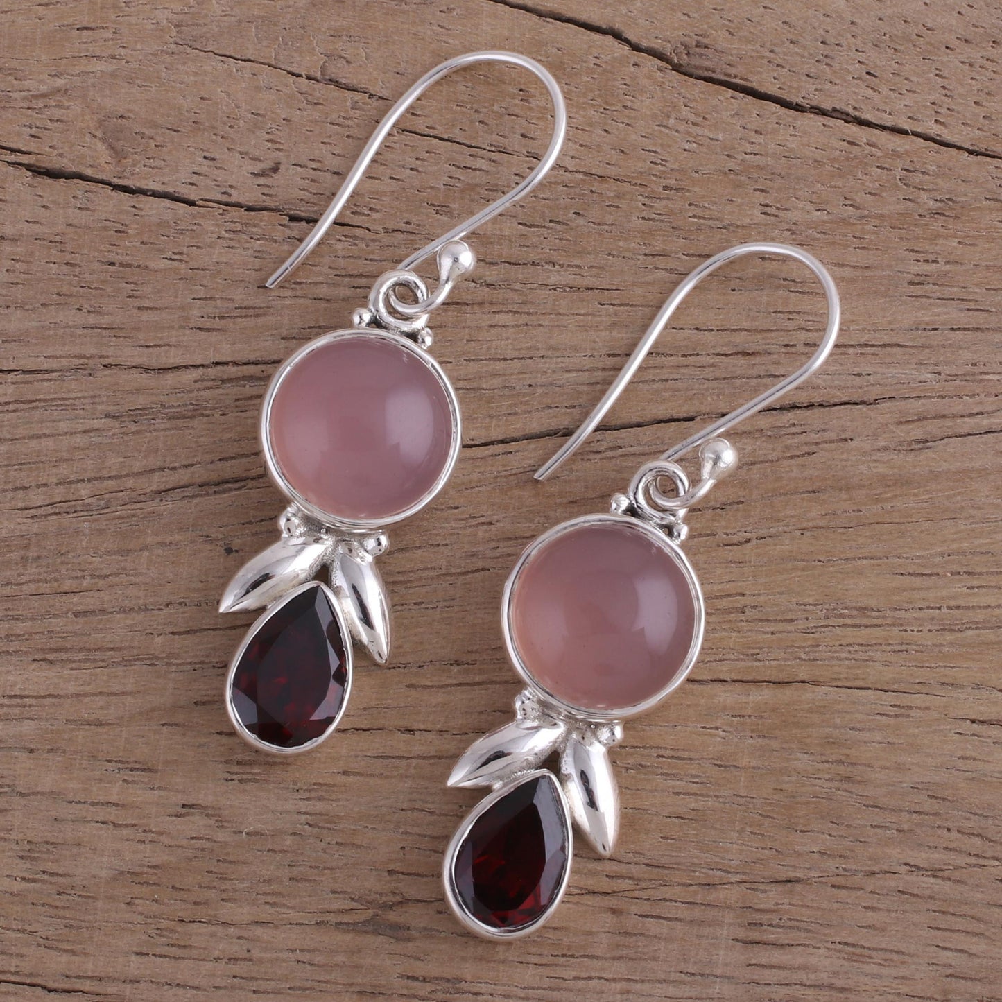 Radiant Gleam Garnet and Pink Chalcedony Dangle Earrings from India