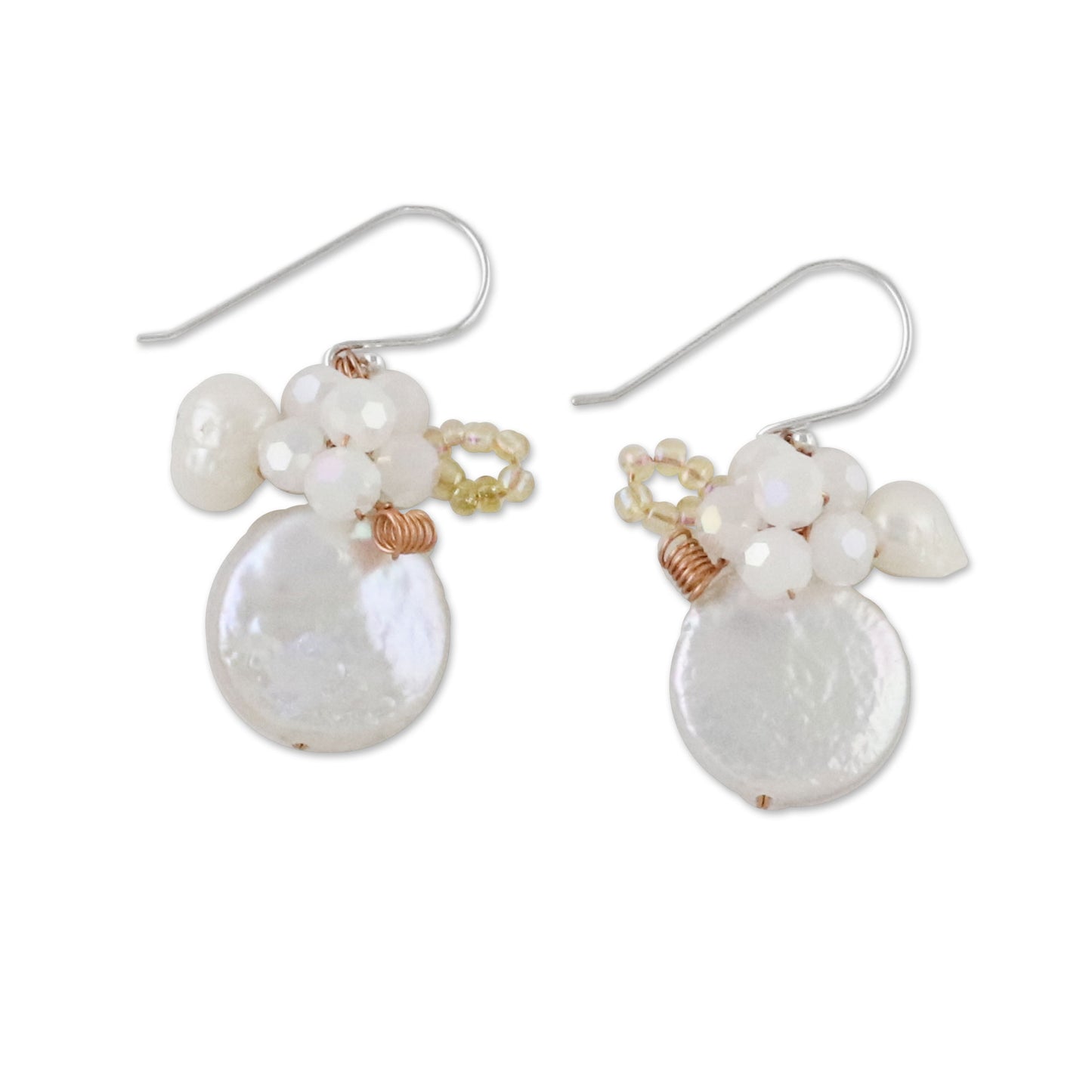 Night Glamour in White Cultured Pearl and Glass Dangle Earrings from Thailand