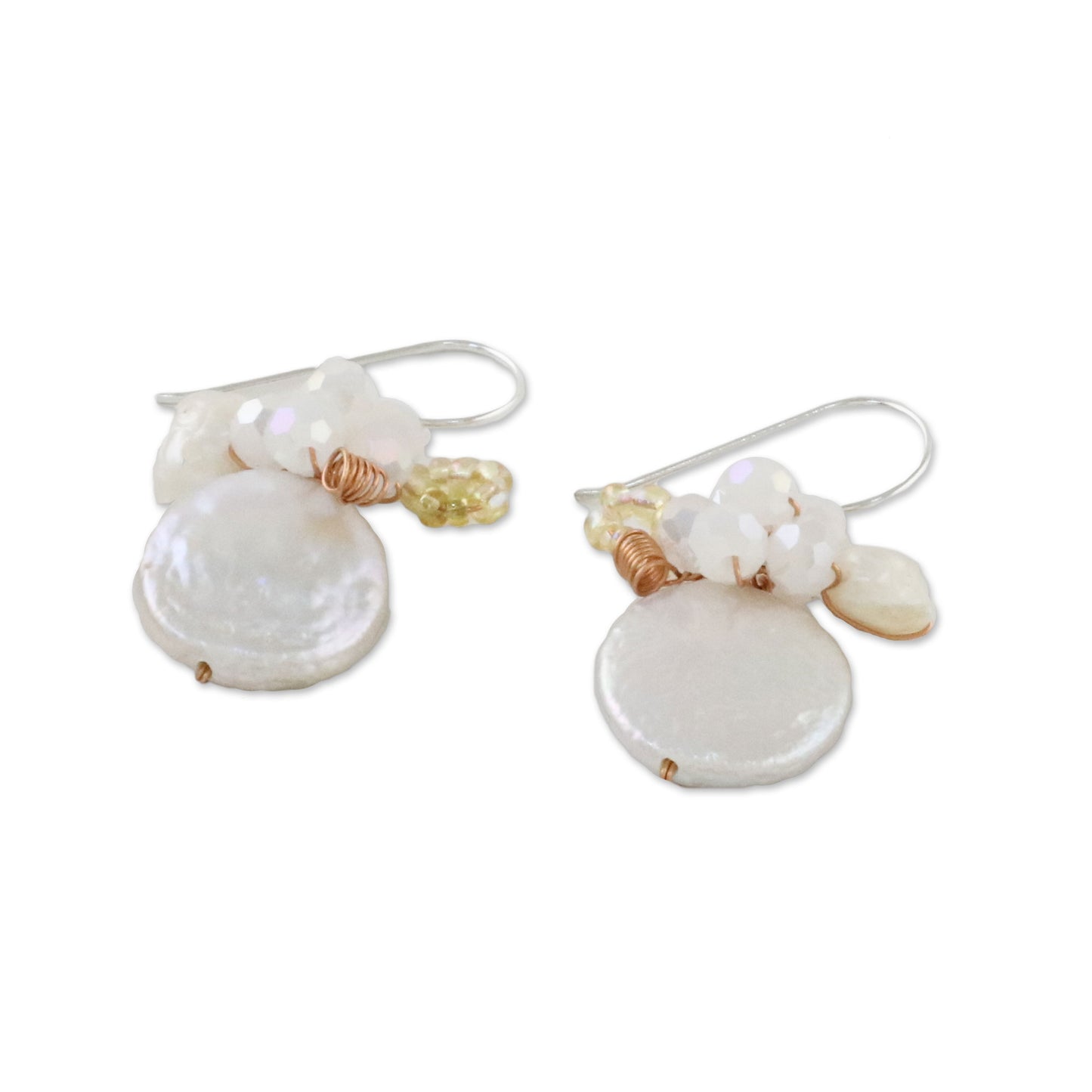 Night Glamour in White Cultured Pearl and Glass Dangle Earrings from Thailand