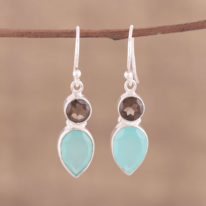 Dazzling Alliance Chalcedony and Smoky Quartz Dangle Earrings from India