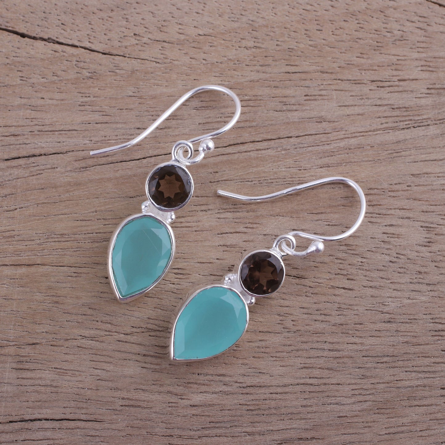 Dazzling Alliance Chalcedony and Smoky Quartz Dangle Earrings from India