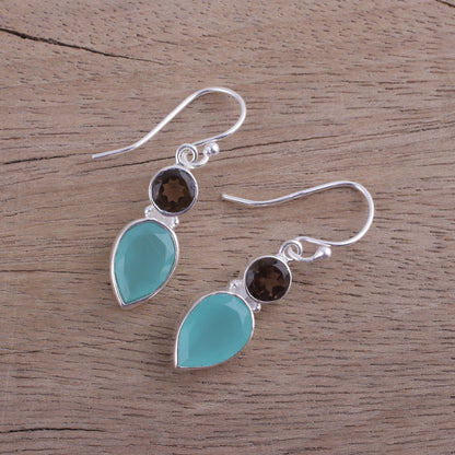 Dazzling Alliance Chalcedony and Smoky Quartz Dangle Earrings from India