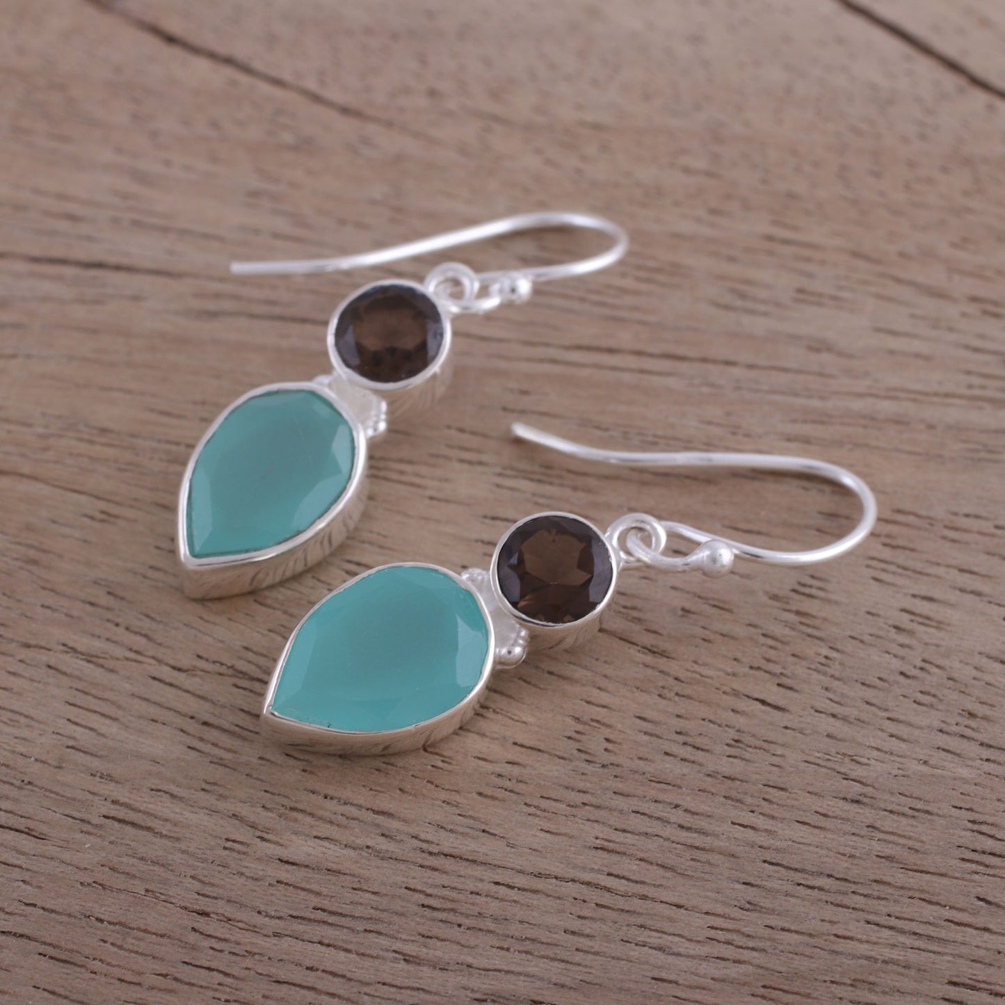 Dazzling Alliance Chalcedony and Smoky Quartz Dangle Earrings from India