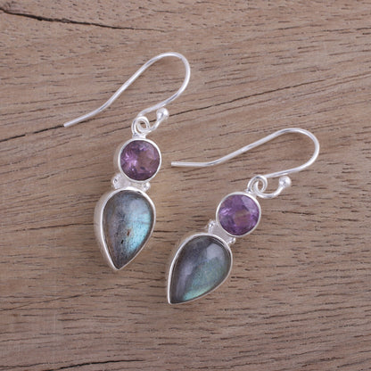 Dazzling Alliance Labradorite and Amethyst Dangle Earrings from India