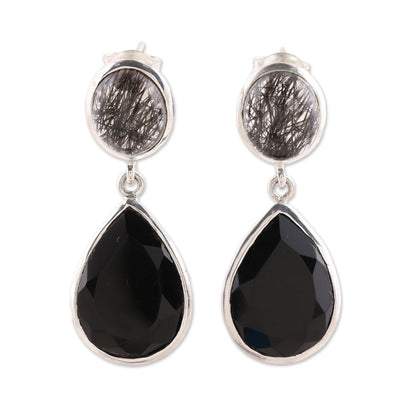 Alluring Onyx Black Onyx and Tourmalinated Quartz Dangle Earrings