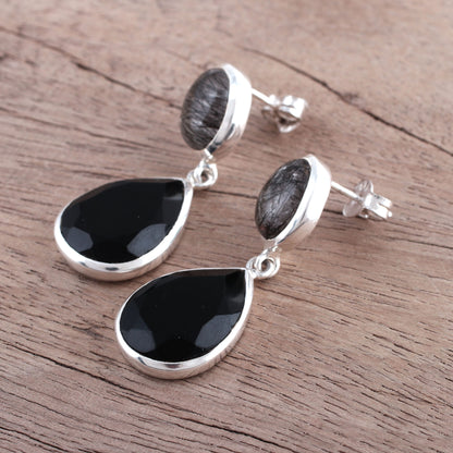 Alluring Onyx Black Onyx and Tourmalinated Quartz Dangle Earrings