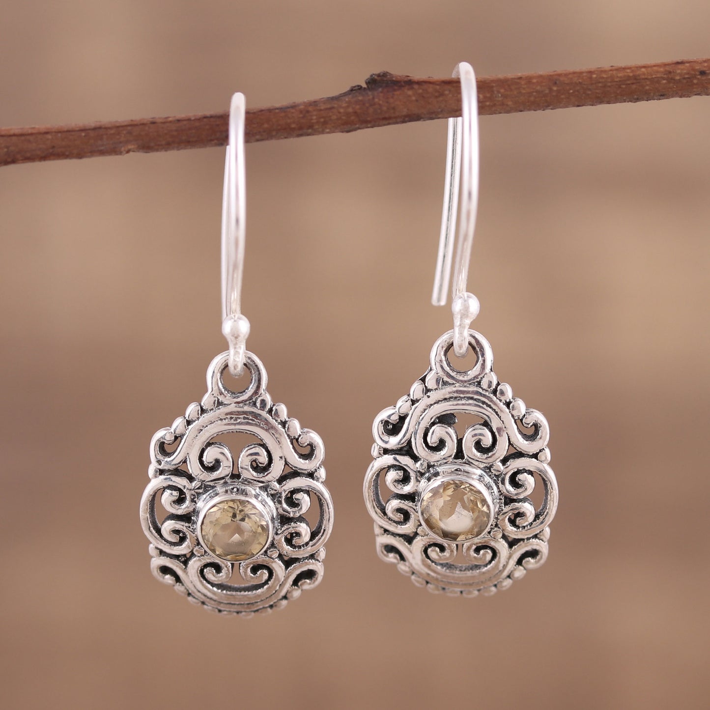 Sunny Swirls Openwork Citrine and Silver Dangle Earrings from India