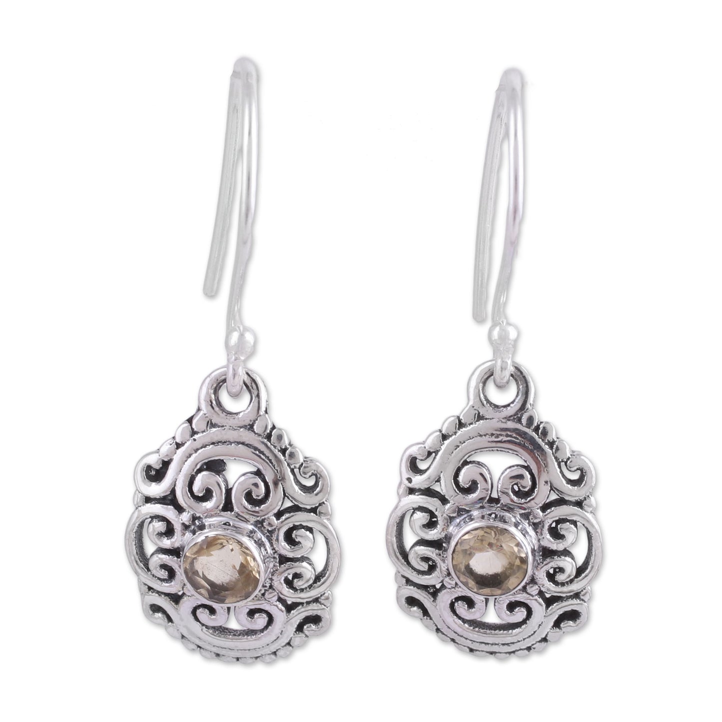 Sunny Swirls Openwork Citrine and Silver Dangle Earrings from India