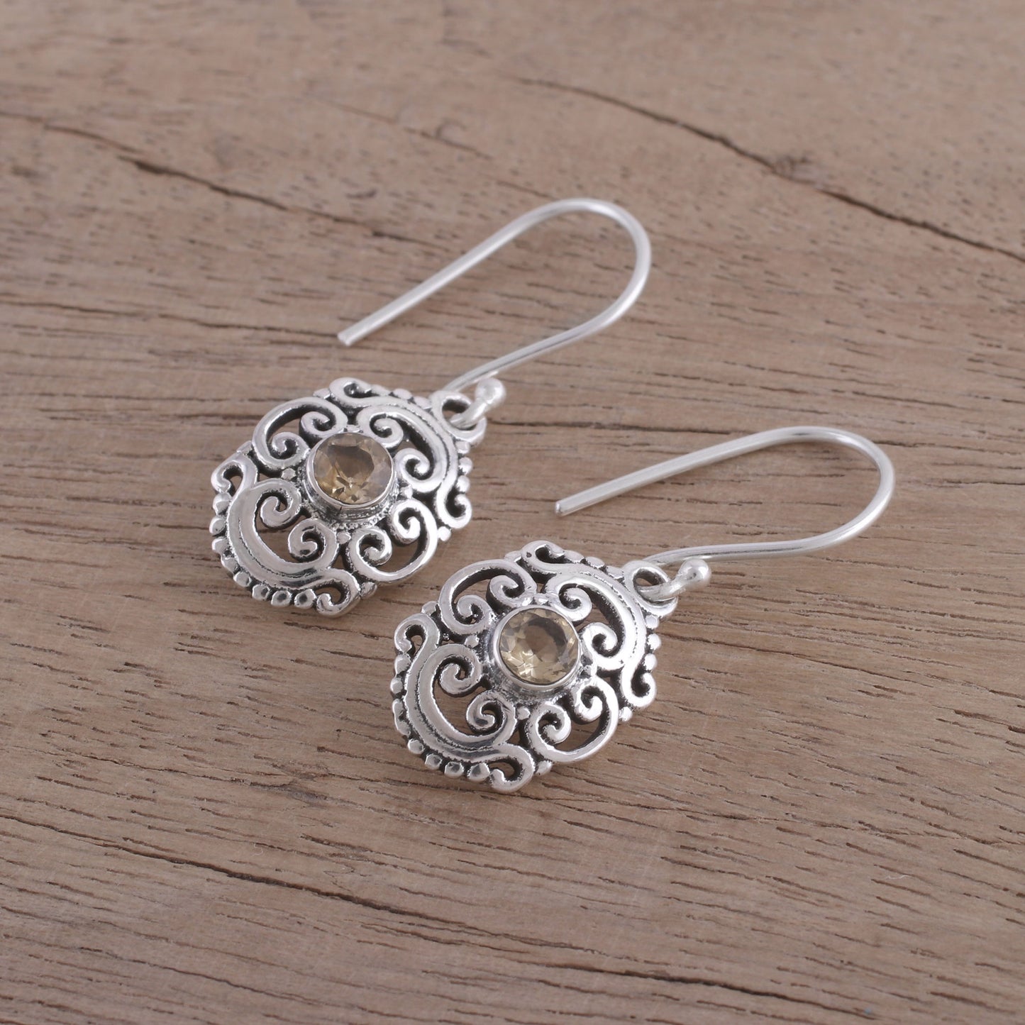 Sunny Swirls Openwork Citrine and Silver Dangle Earrings from India