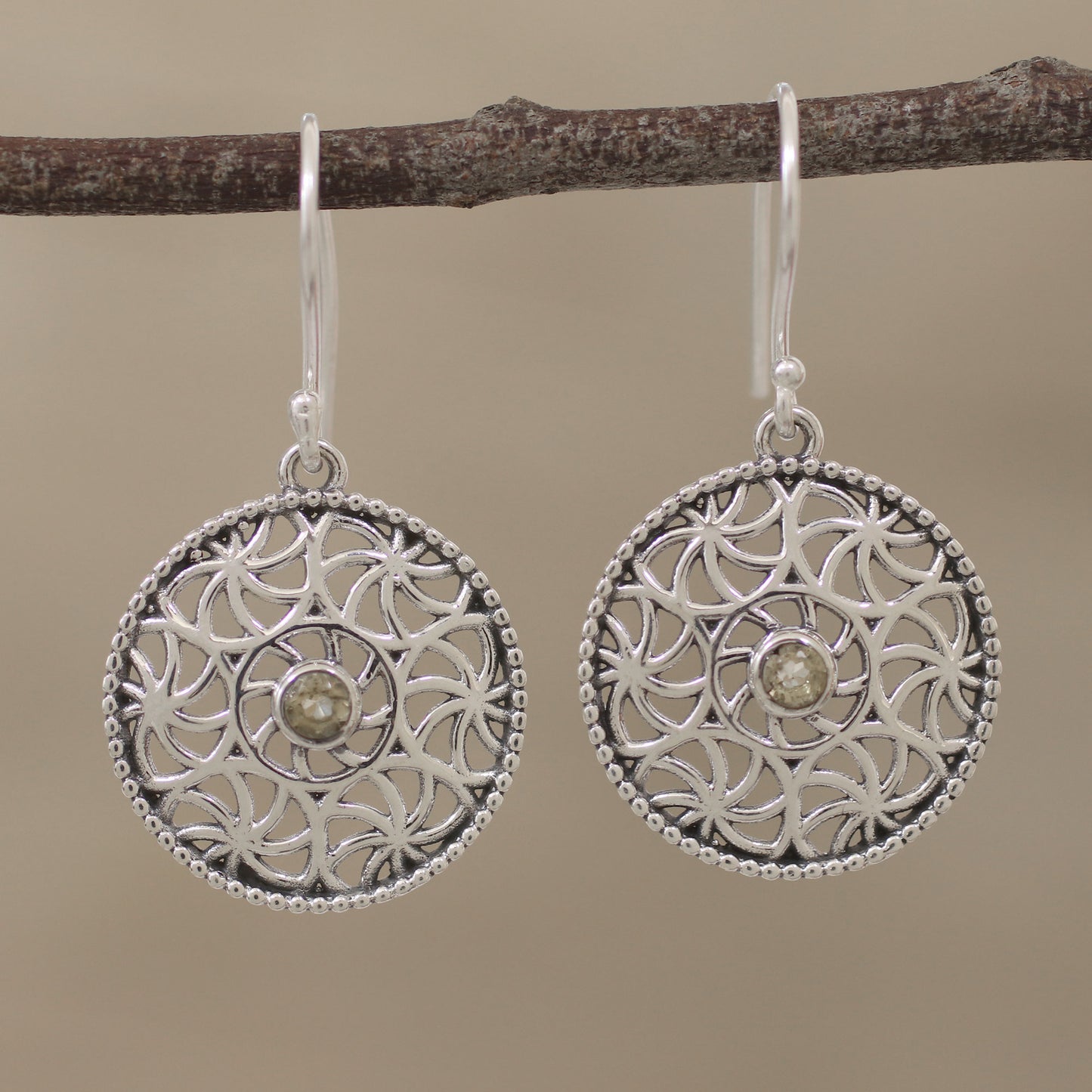 Circular Stars Citrine Openwork Dangle Earrings from India