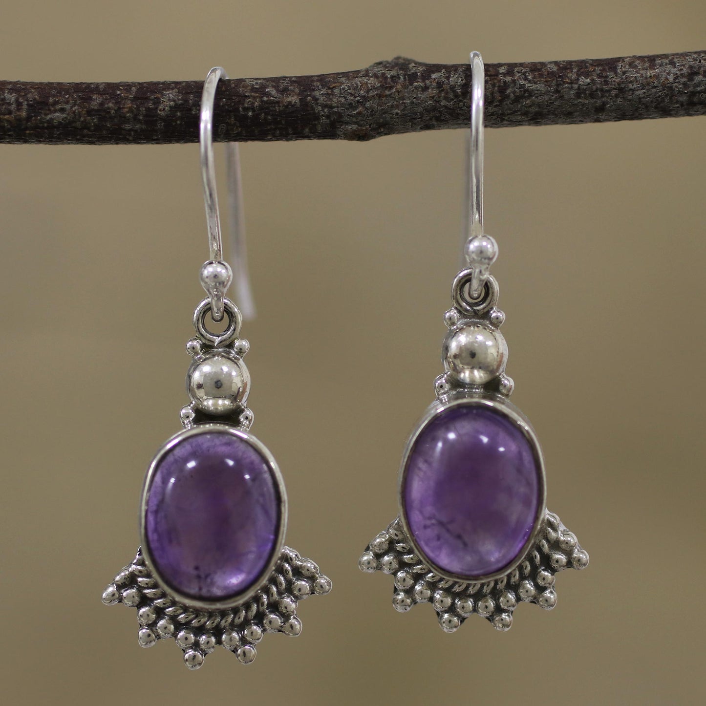 Gleaming Fans Fan-Shaped Purple Amethyst Dangle Earrings from India