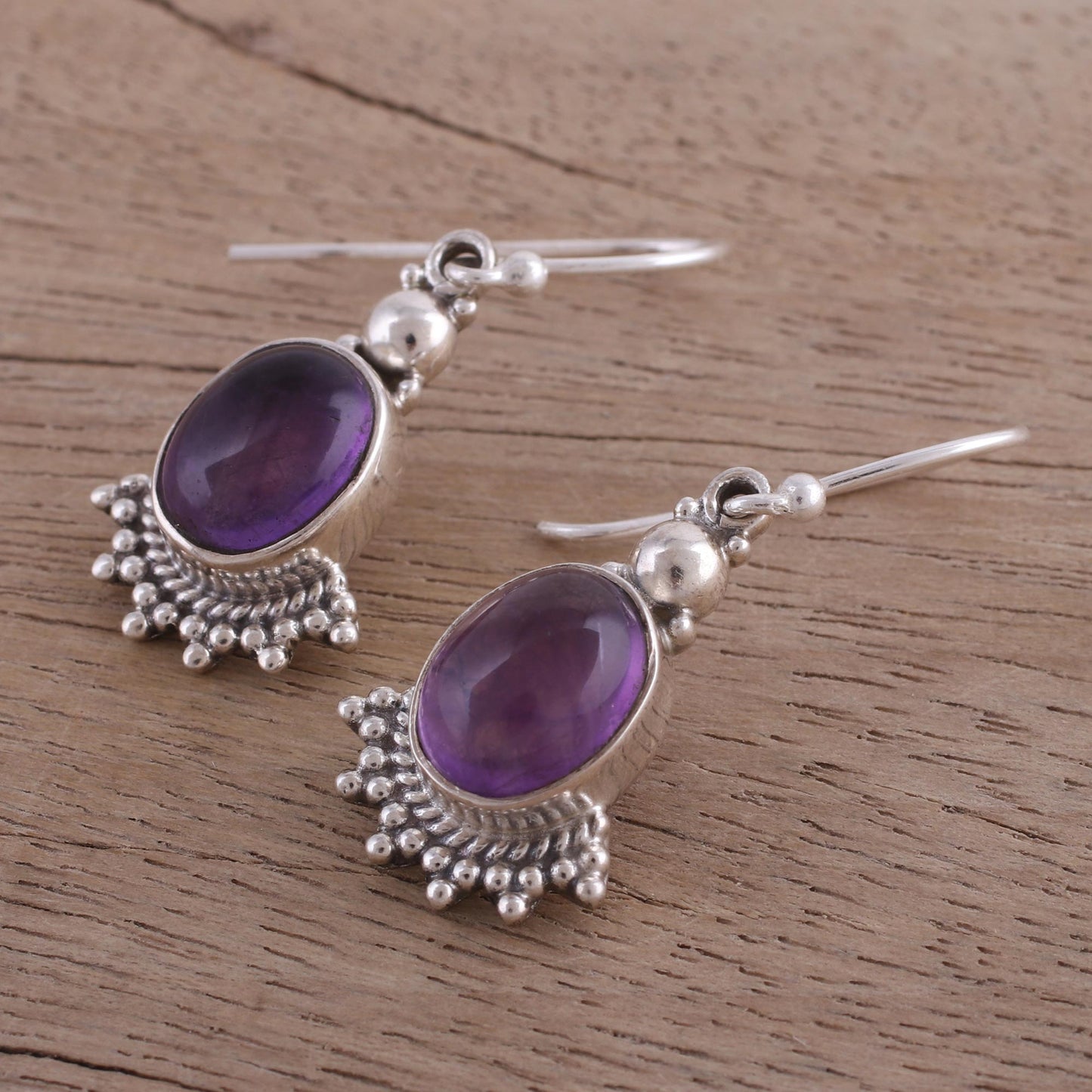 Gleaming Fans Fan-Shaped Purple Amethyst Dangle Earrings from India