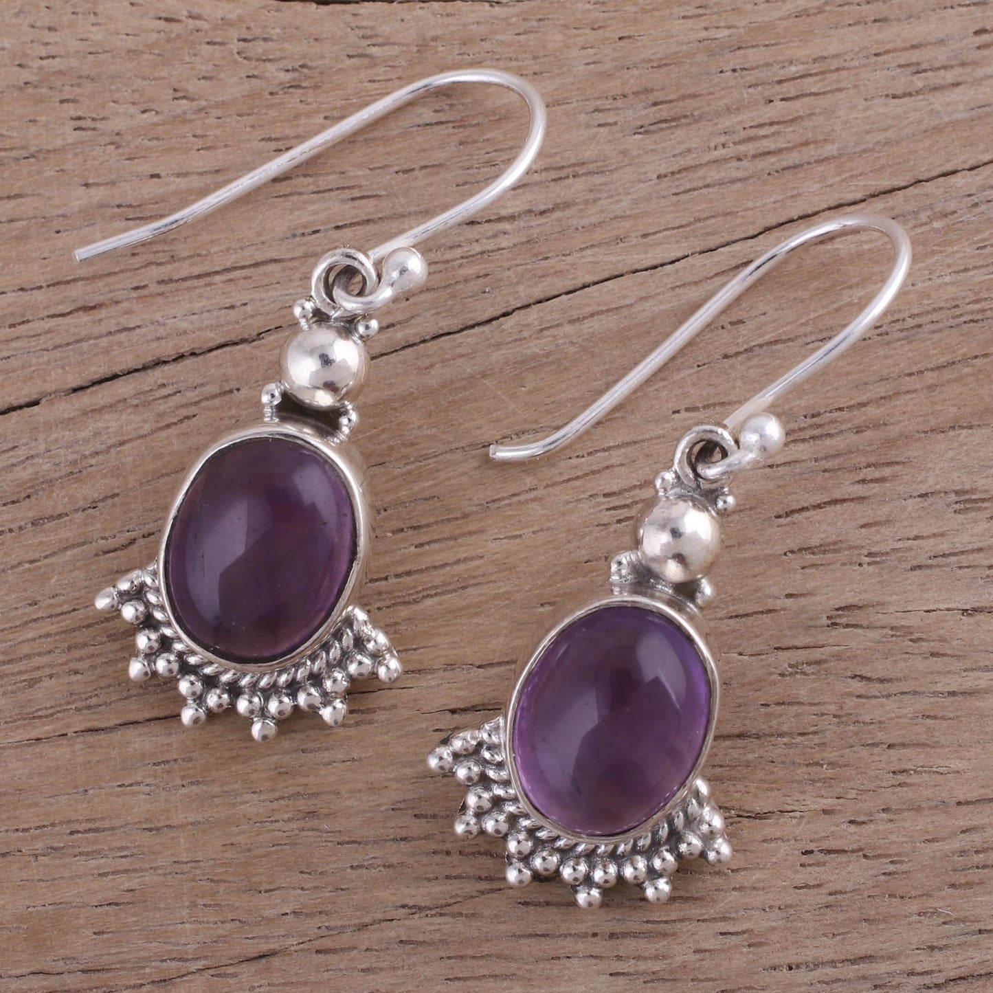 Gleaming Fans Fan-Shaped Purple Amethyst Dangle Earrings from India