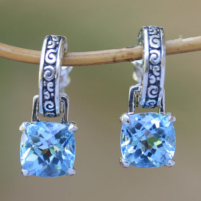 Buddha Hoops Blue Topaz & Silver Dangle Earrings