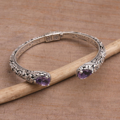 Transcendent Forest Floral Amethyst and Silver Cuff Bracelet from Bali