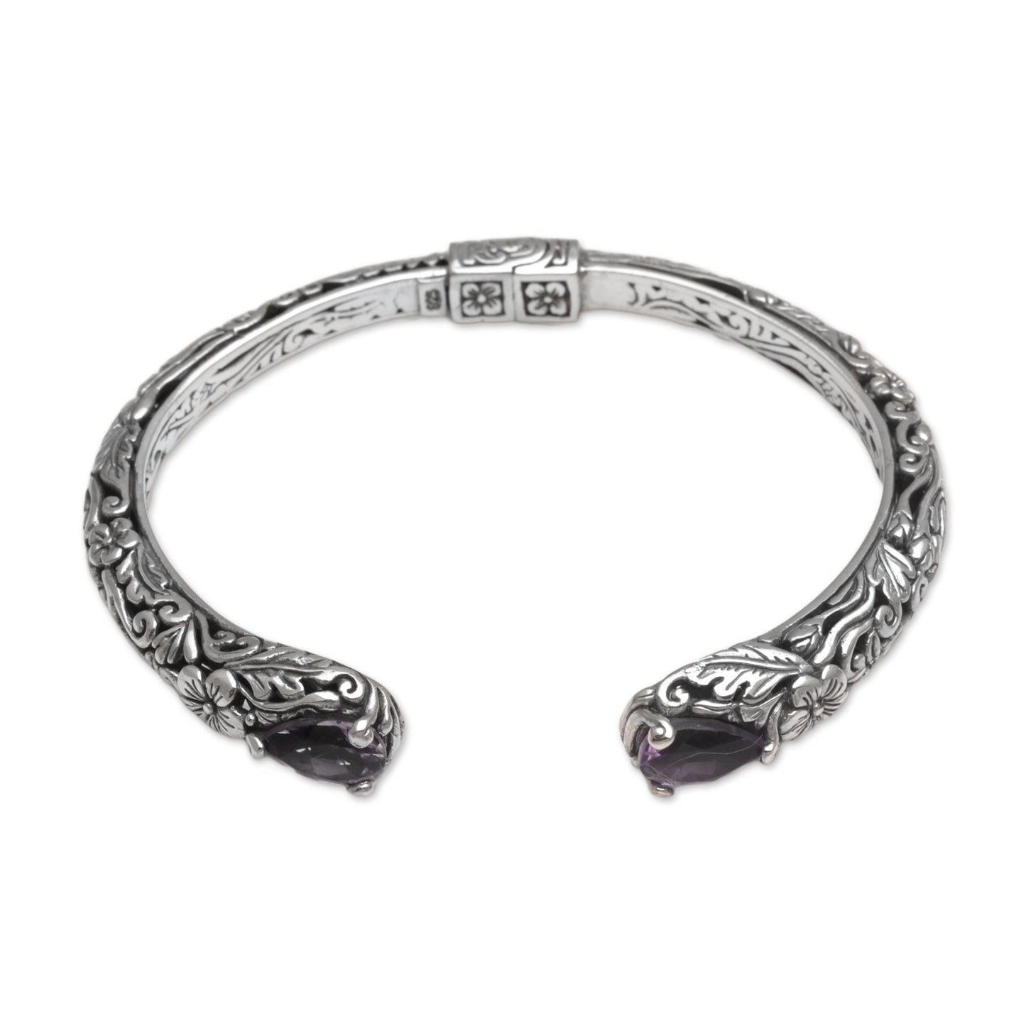 Transcendent Forest Floral Amethyst and Silver Cuff Bracelet from Bali