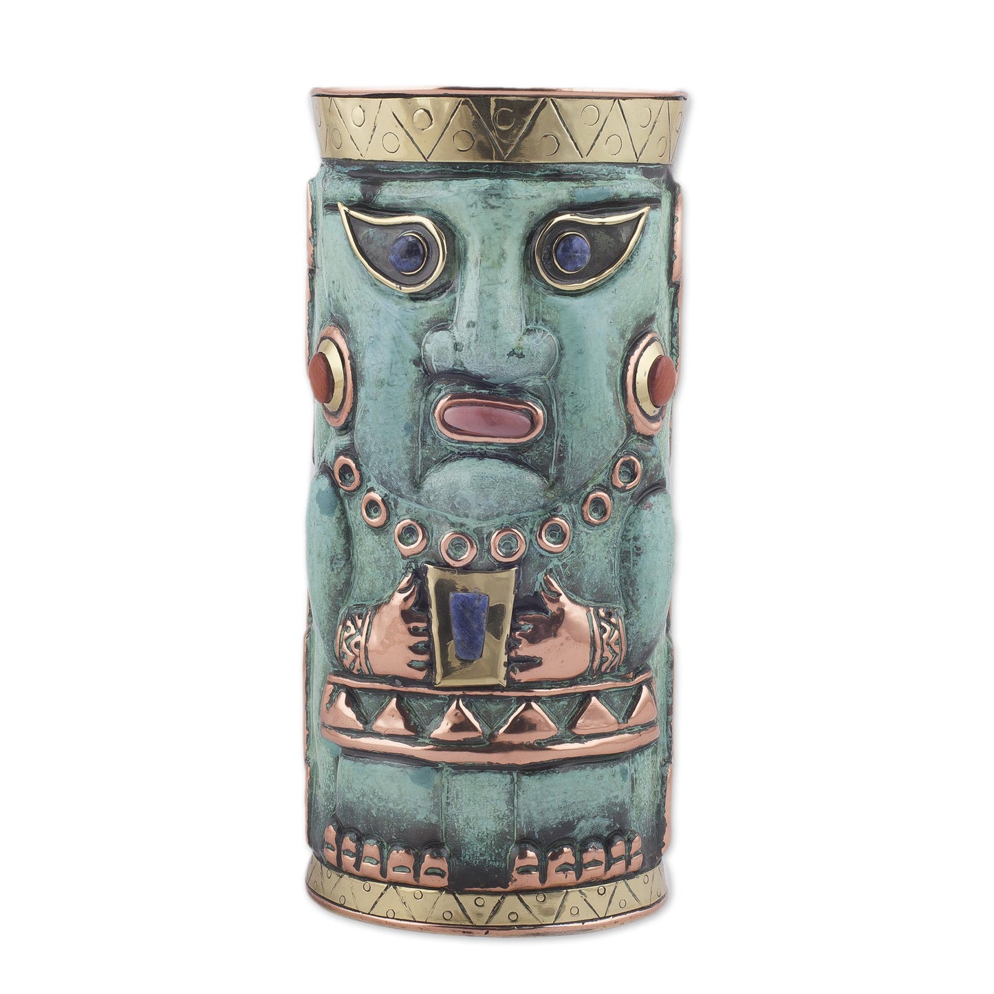 Andean Warrior Gemstone-Accented Copper Decorative Vase from Peru