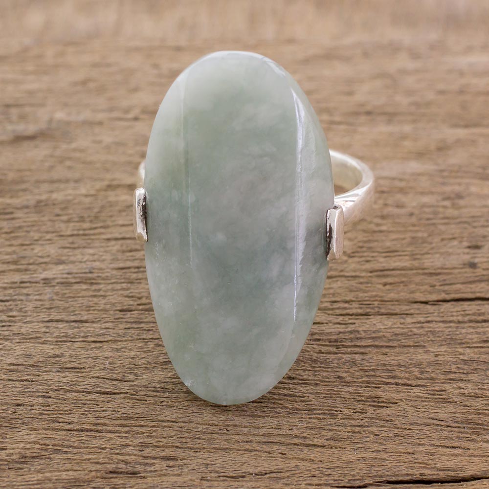 Maya Virtue in Light Green Light Green Jade and Silver Cocktail Ring from Guatemala