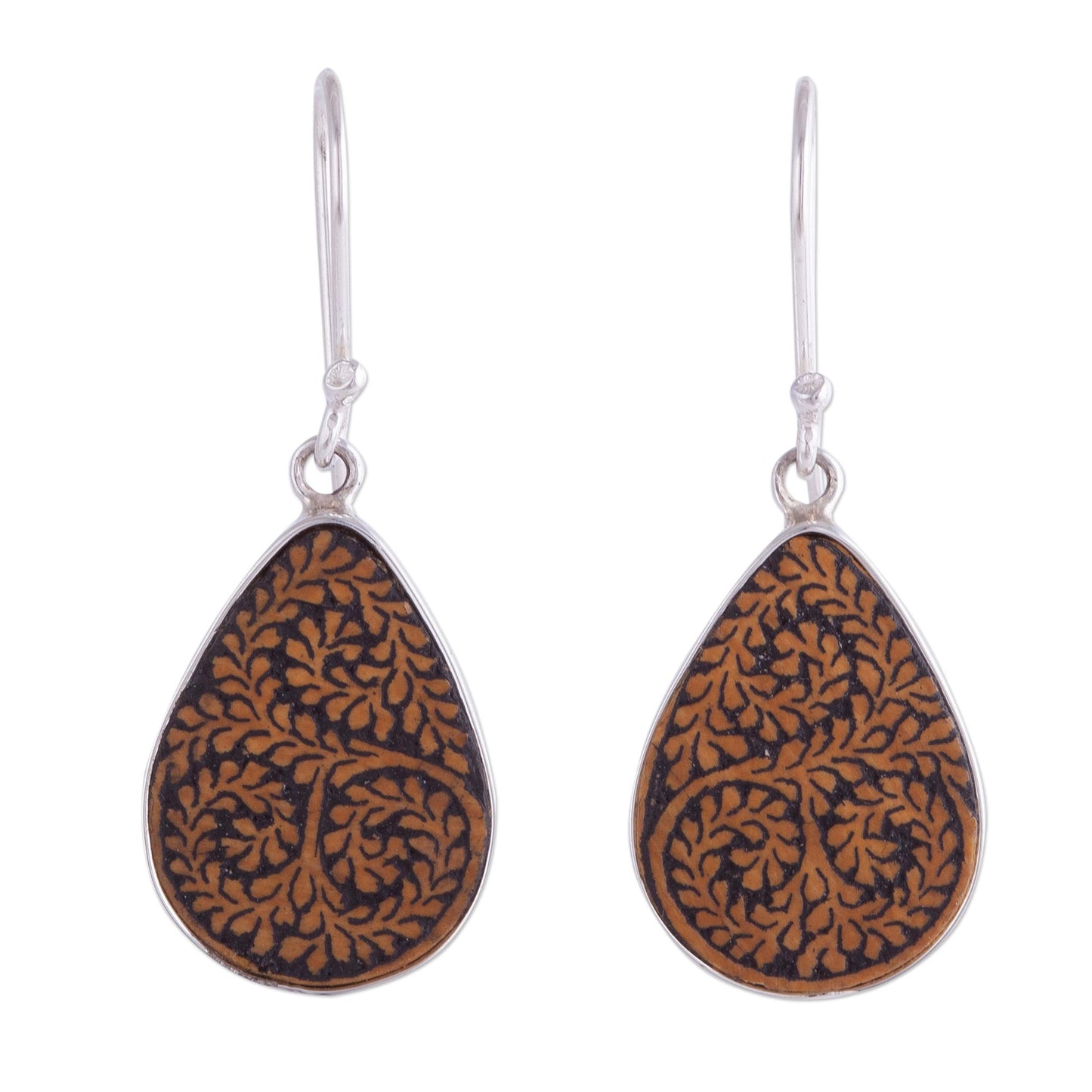 Enchanted Copse Leafy Sterling Silver and Pumpkin Shell Earrings from Peru