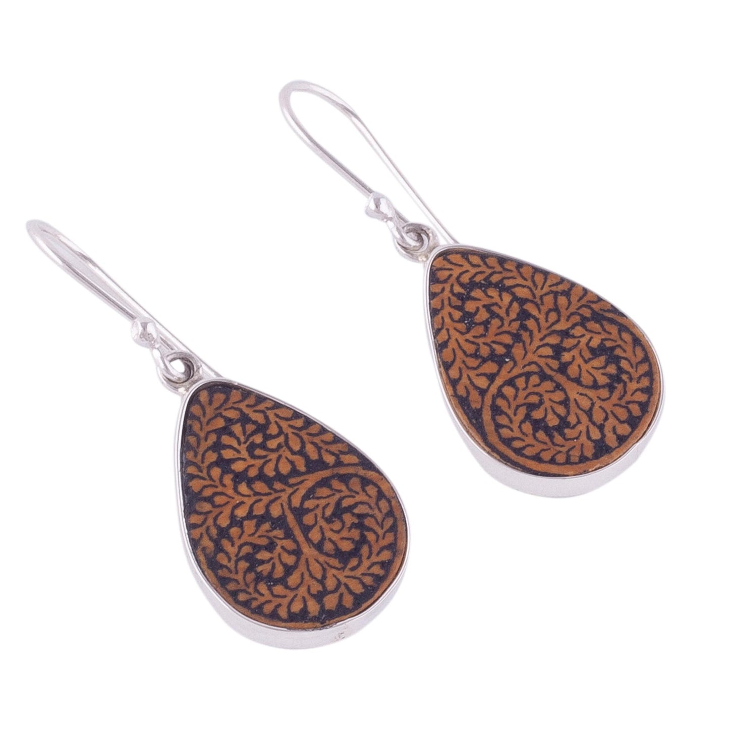 Enchanted Copse Leafy Sterling Silver and Pumpkin Shell Earrings from Peru