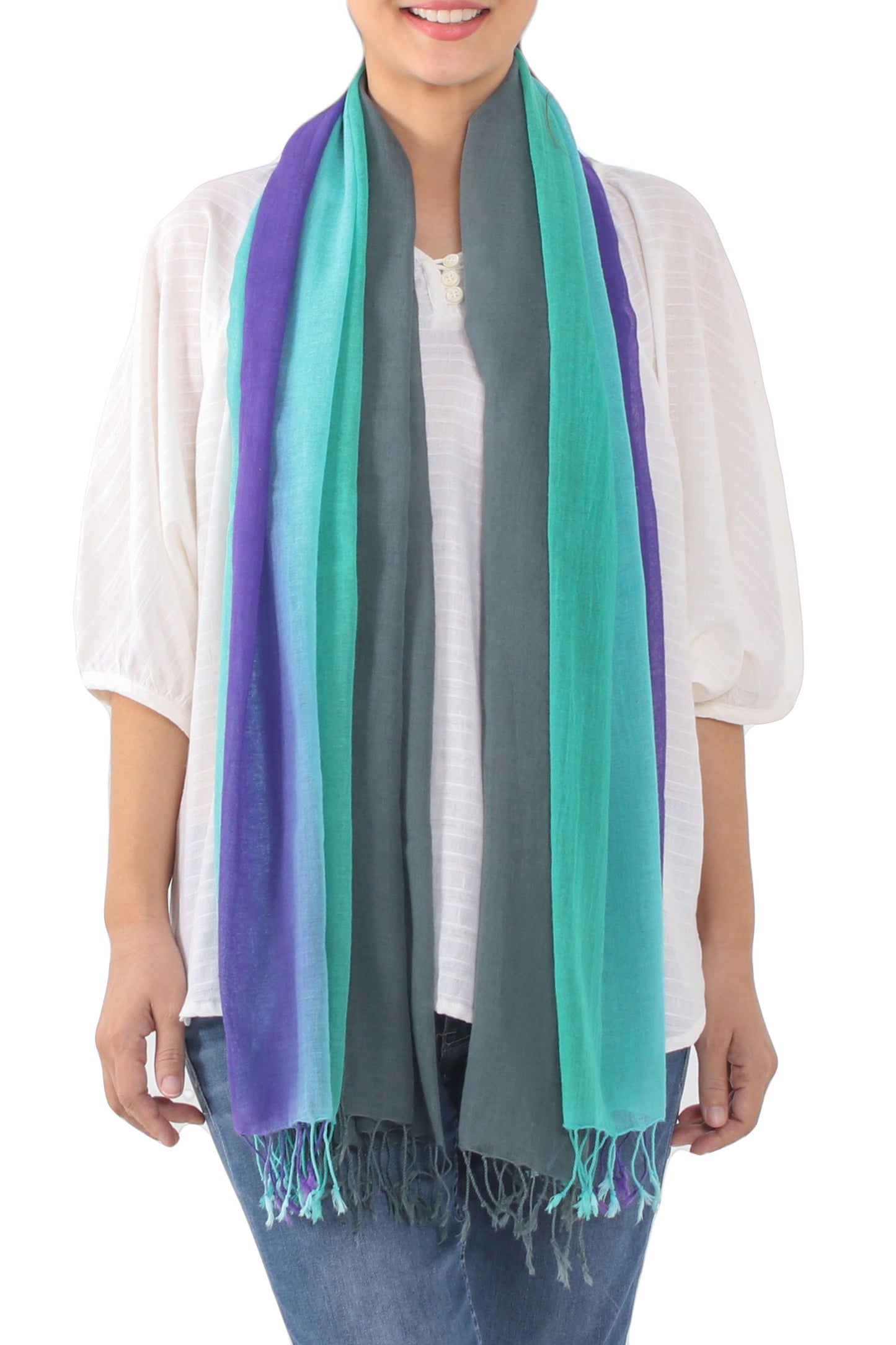 Meadow Breeze Fringed Striped Cotton Wrap Scarves from Thailand (Pair)