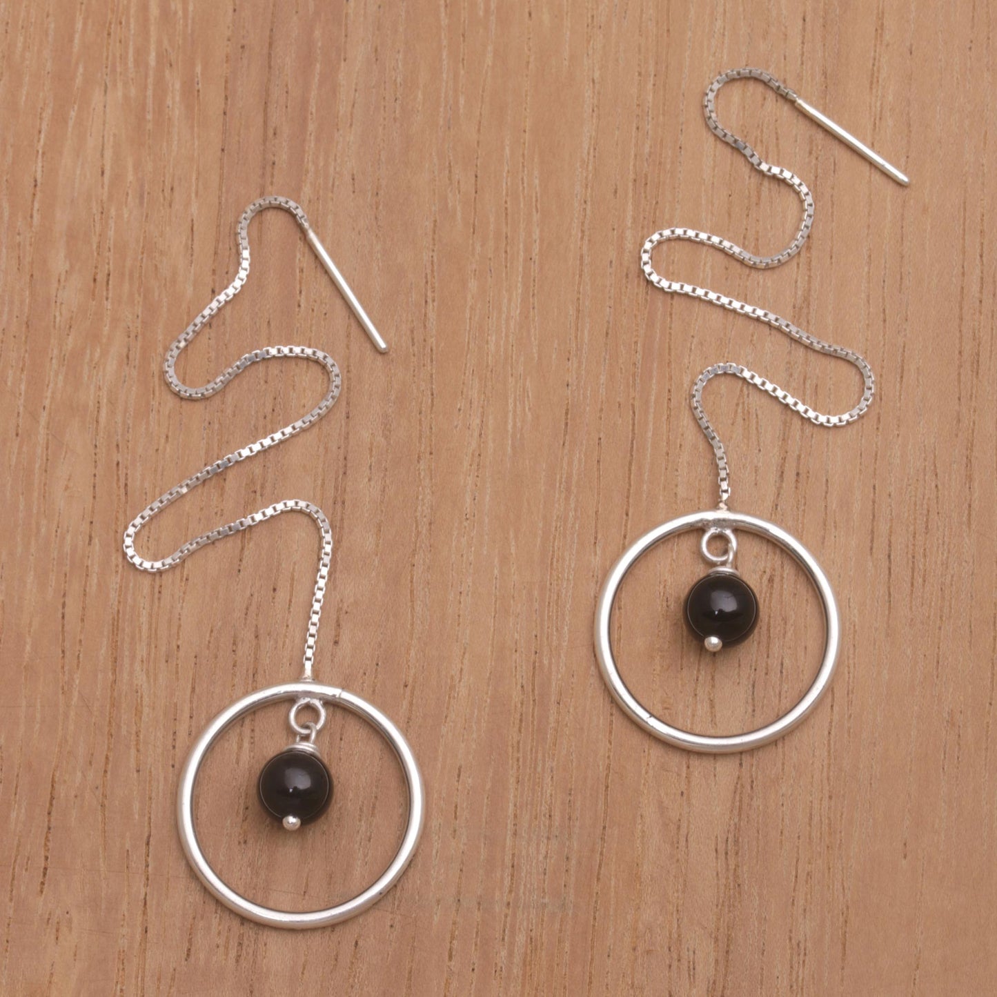 Soulful Rings Onyx and Sterling Silver Threader Earrings from Bali