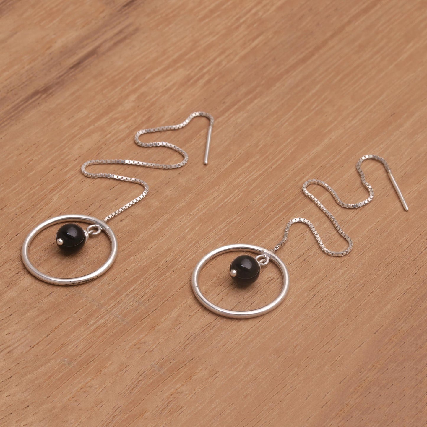 Soulful Rings Onyx and Sterling Silver Threader Earrings from Bali