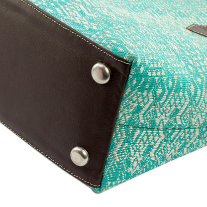 Guatemalan Ikat Guatemalan Leather Accent Cotton Shoulder Bag in Turquoise