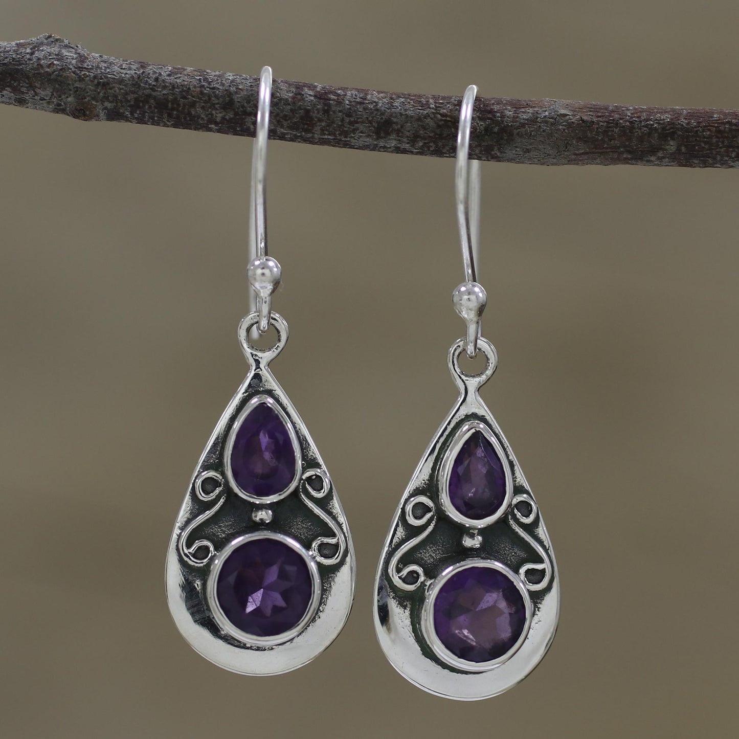 Complex Drops Drop-Shaped Amethyst Dangle Earrings from India