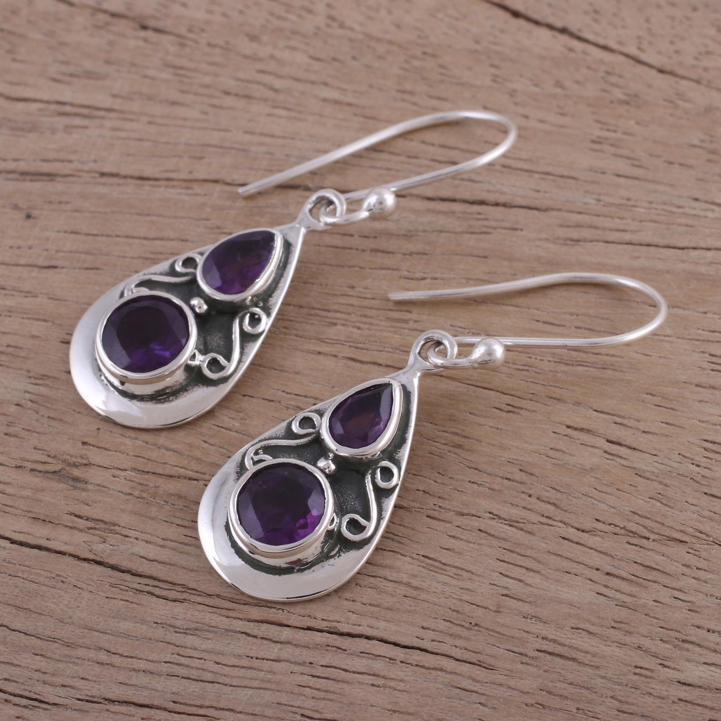 Complex Drops Drop-Shaped Amethyst Dangle Earrings from India