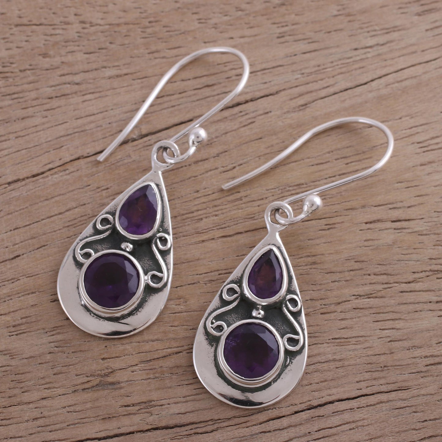 Complex Drops Drop-Shaped Amethyst Dangle Earrings from India