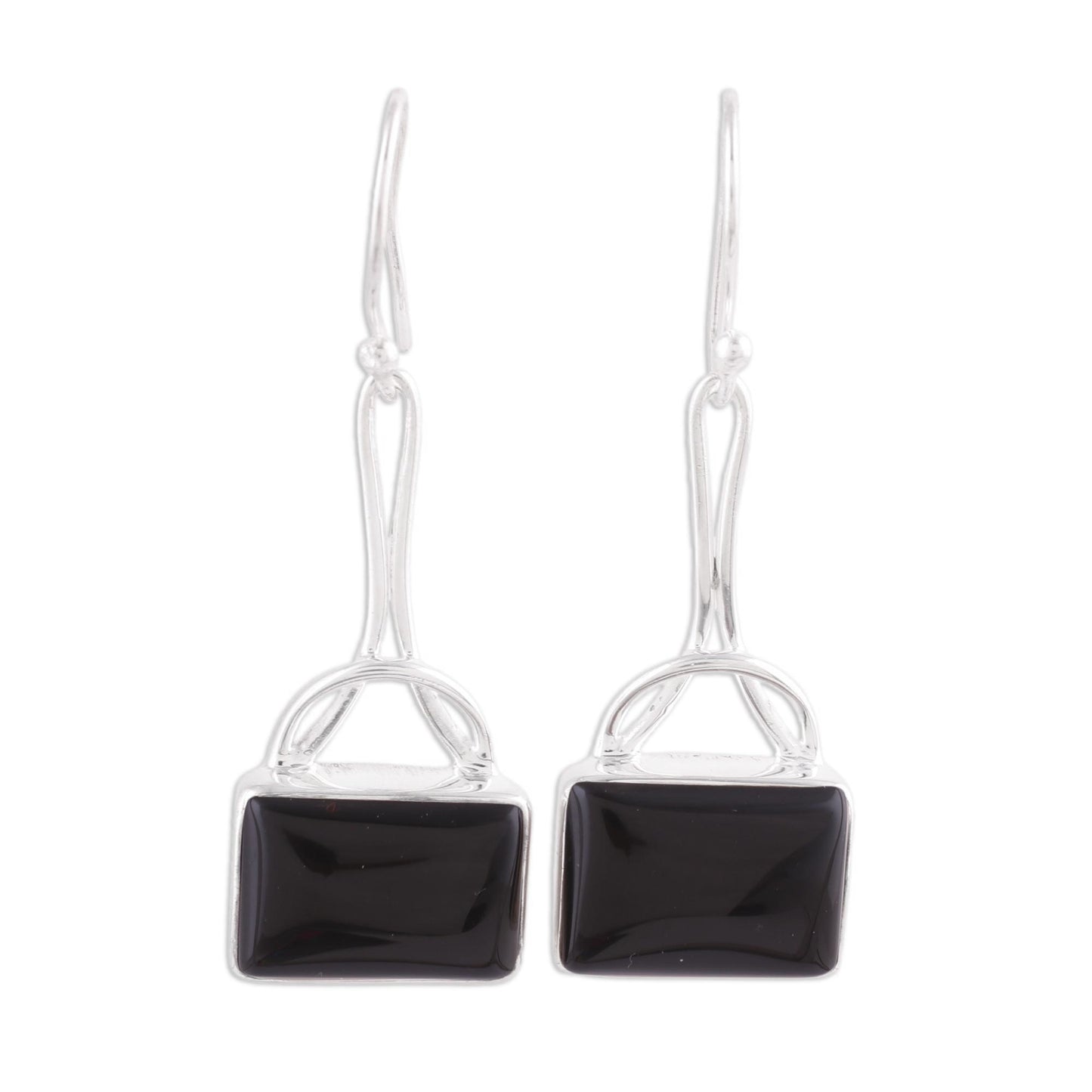 Mystical Gaze in Black Black Onyx Rectangular Dangle Earrings from India