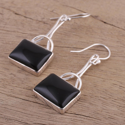 Mystical Gaze in Black Black Onyx Rectangular Dangle Earrings from India