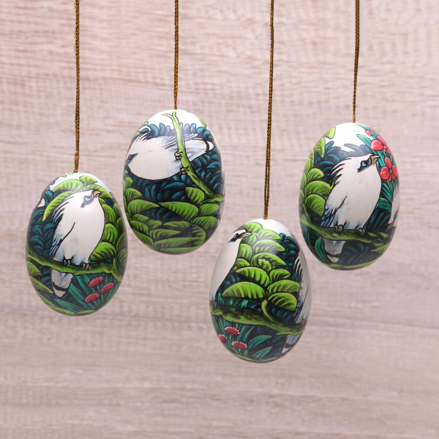 Jalak Forest Hand-Painted Ornaments of Jalak Birds from Bali (Set of 4)