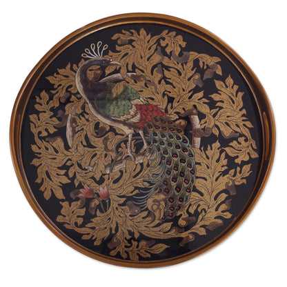 Mystic Peacock Reverse-Painted Glass Peacock Tray from Peru