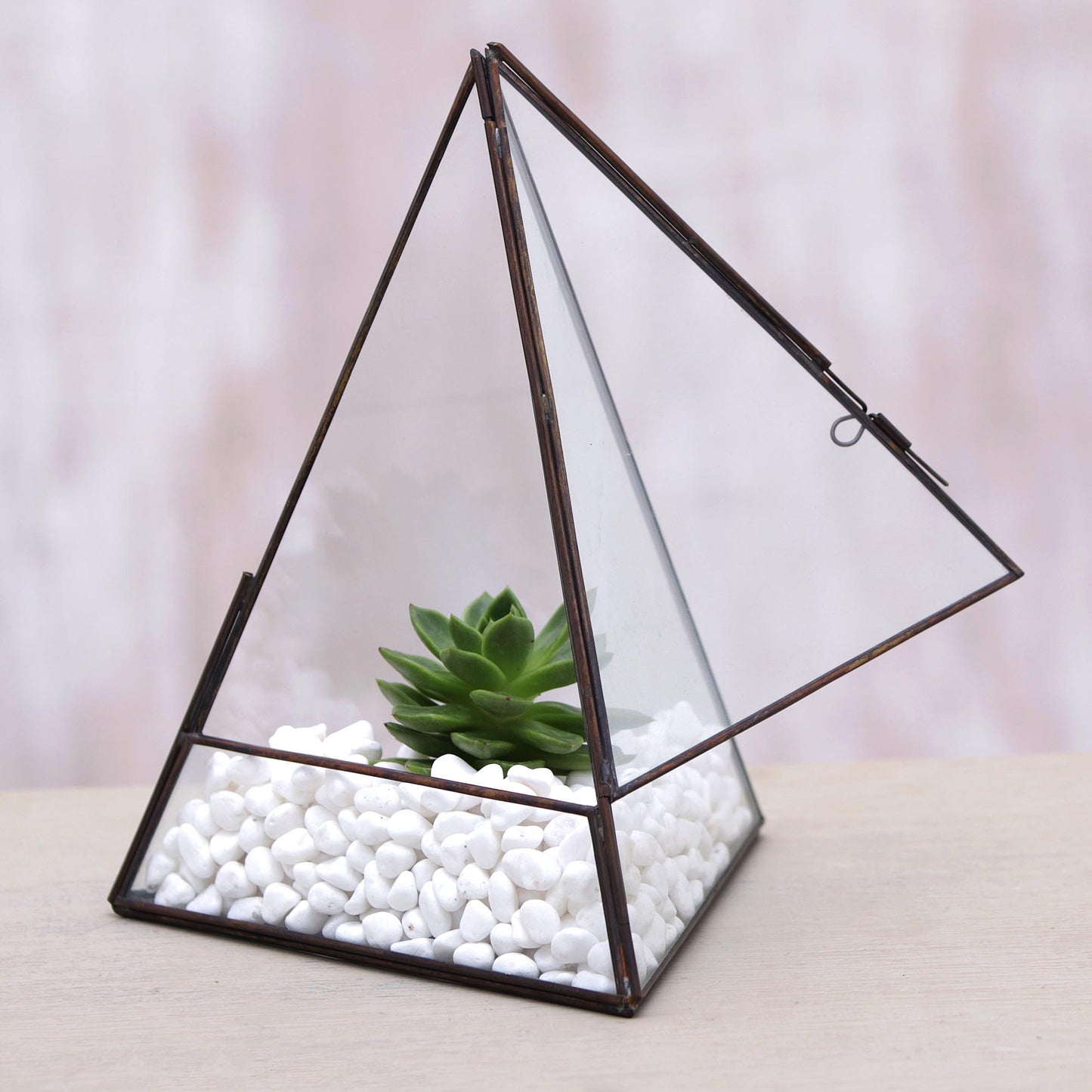 Pyramid Patio Handmade Javanese Glass and Brass Pyramid Plant Terrarium