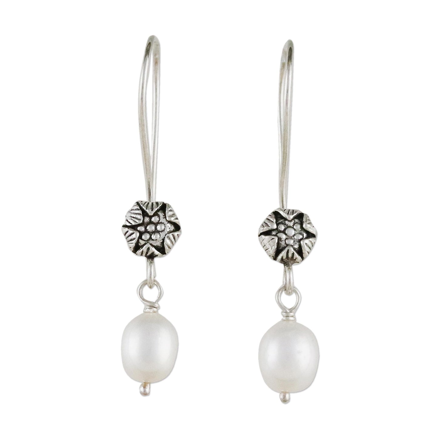 Emerging Buds White Cultured Pearl Flower Dangle Earrings