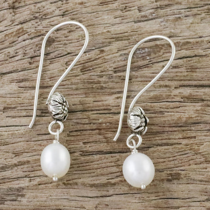 Emerging Buds White Cultured Pearl Flower Dangle Earrings