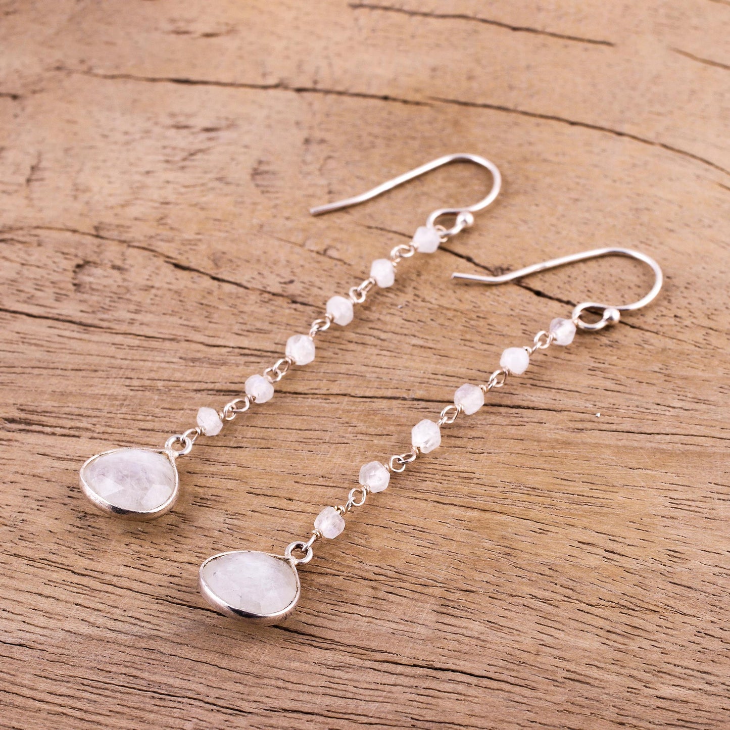 Morning Drops Rainbow Moonstone Teardrop Dangle Earrings from India