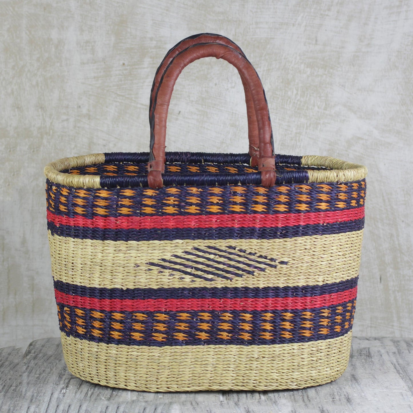 Kite Basket Hand Woven Raffia Natural Fiber Tote with Leather Strap